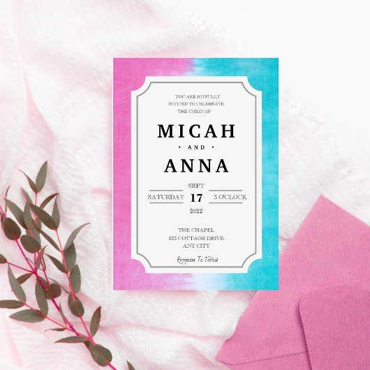 Fun and Modern Pink and Blue Ombre Wedding Kaart
