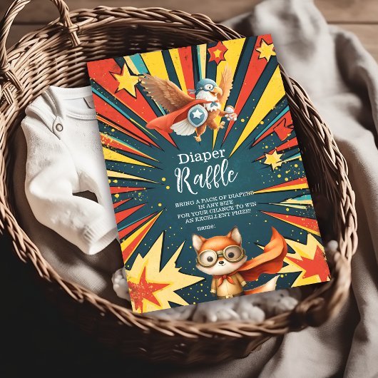Fun Animals Superhero Baby shower Diapper Raffle Informatiekaartje