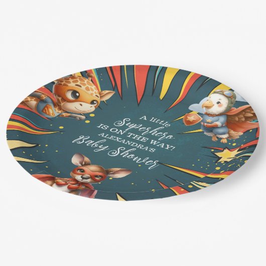 Fun Animals Superhero Baby shower Papieren Bordje (Gekanteld)