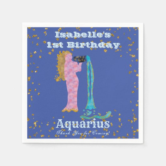 Fun Aquarius First Birthday & Gold Confetti Servet (Voorkant)