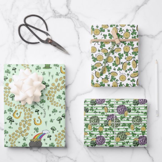 Fun Artsy Irish Shamrock Rainbow Leprechaun Green Inpakpapier Vel (Voorkant)