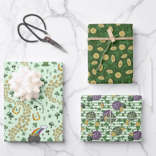 Fun Artsy Irish Shamrock Rainbow Leprechaun Green Inpakpapier Vel (Voorkant)