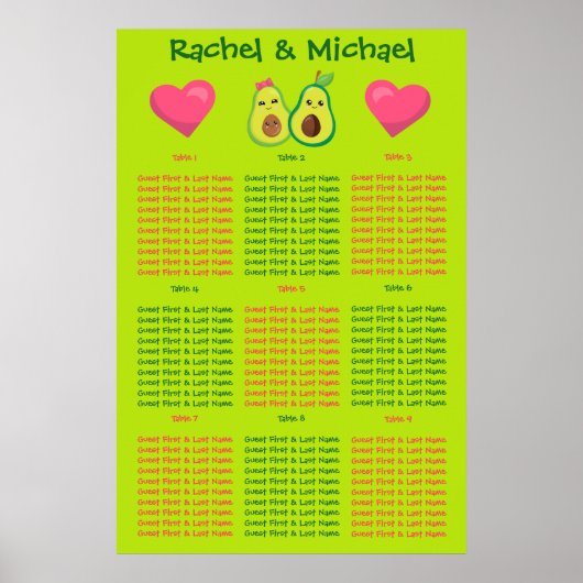 Fun Avocado Colorful Seating Chart Poster (Voorkant)