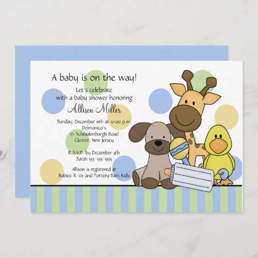 Fun Baby Animals Boy Baby shower Invitation Kaart (Voorkant / Achterkant)