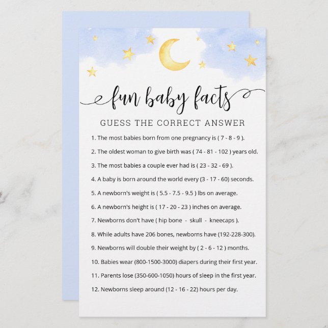 Fun Baby Facts Game met Answers Baby shower party (Voorkant / Achterkant)