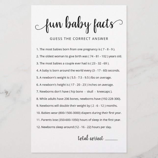 Fun Baby Facts Game met Answers Baby shower party (Voorkant)