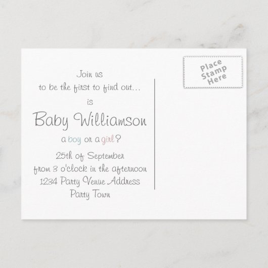 Fun Baby One Piece Roze en Blauw Geslacht Onthulle Uitnodiging Briefkaart (Achterkant)