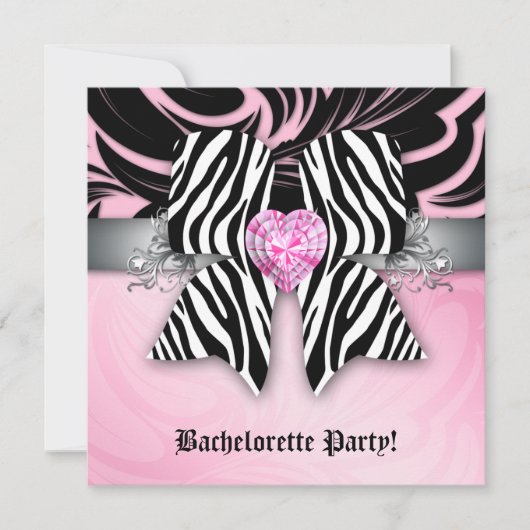 Fun Bachelorette Party Invite Zebra Bow Pink Flora Kaart (Voorkant)