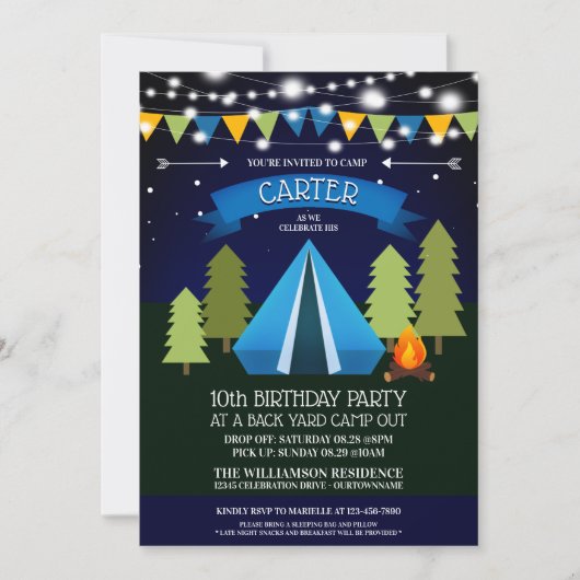 Fun Backyard Camp Out Birthday Party Invitation Kaart (Voorkant)
