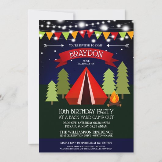 Fun Backyard Camp Out Birthday Party Invitation Kaart (Voorkant)