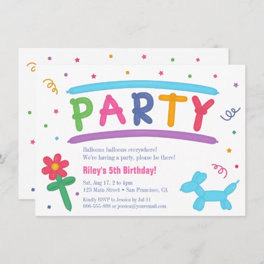 Fun Balloon Art Kids Birthday Party Uitnodigingen (Voorkant / Achterkant)