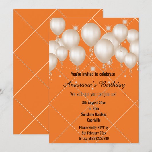 FUN BALLOON BRIGHT ORANJE BIRTHDAY GRID INVITATION KAART (Voorkant / Achterkant)
