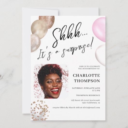 Fun balloons gouden witte fotoverrassing Sweet 16 Kaart (Voorkant)