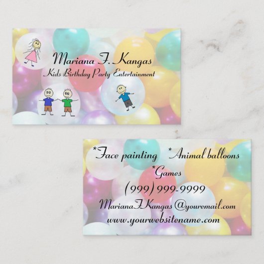 Fun Balloons Kids Birthday Party Entertainment Visitekaartje (Voorkant / Achterkant)