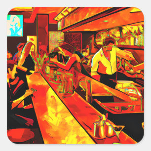 Fun Bar Scene   Bartender en klanten Vierkante Sticker