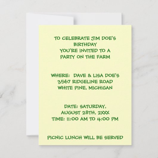 FUN BARNYARD BOERDERIJ PARTY PEACOCK & HOG INVITAT KAART (Achterkant)