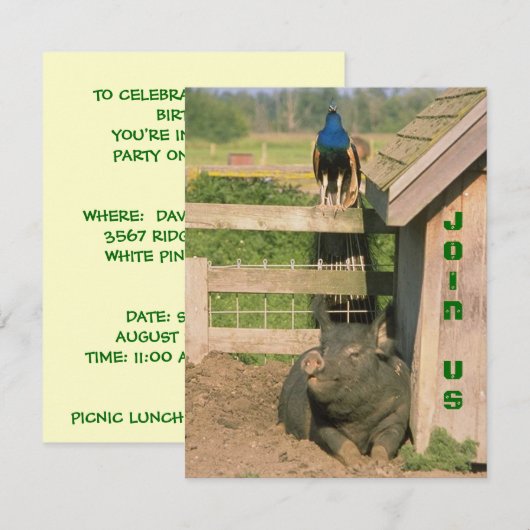 FUN BARNYARD BOERDERIJ PARTY PEACOCK & HOG INVITAT KAART (Voorkant / Achterkant)