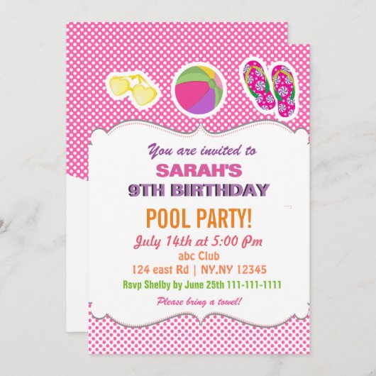 Fun Beach Ball flipflop meiden Pool Party Invites Kaart (Voorkant / Achterkant)