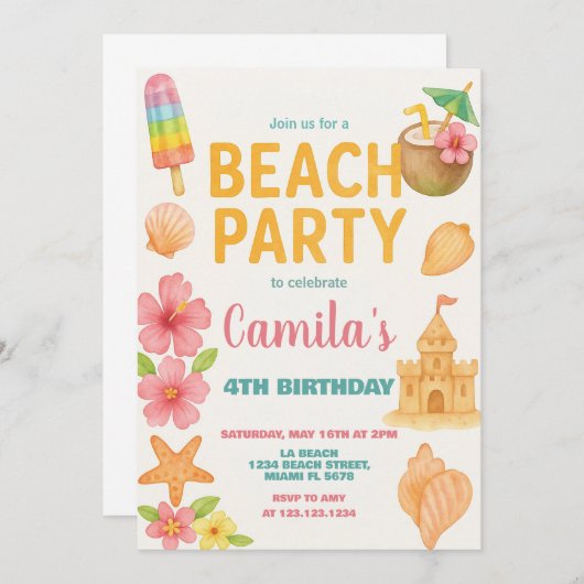 Fun Beach Party Verjaardag Uitnodiging & Decor (Voorkant / Achterkant)