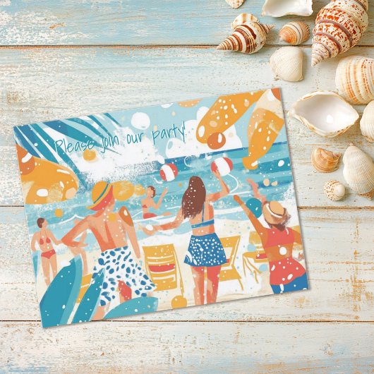 Fun Beach Scene Illustratie Party Uitnodiging Briefkaart