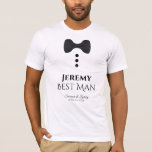 Fun Best Man Black Stropdas Mock Tuxedo Wedding T-shirt<br><div class="desc">Deze leuke t-shirts zijn ontworpen als gunsten of geschenken voor je beste man. Het t-shirt is wit en heeft een afbeelding van een zwart boegachtig stropdas en drie knoppen. De tekst leest Beste Man, en heeft een plaats om zijn naam evenals de naam van het trouwpaar en trouwdatum in te...</div>