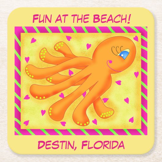 Fun bij Beach Whimsy Octopus Yellow Oranje Kartonnen Onderzetters (Voorkant)