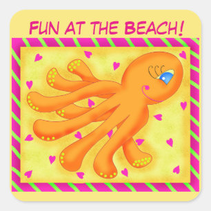 Fun bij Beach Whimsy Octopus Yellow Oranje Vierkante Sticker