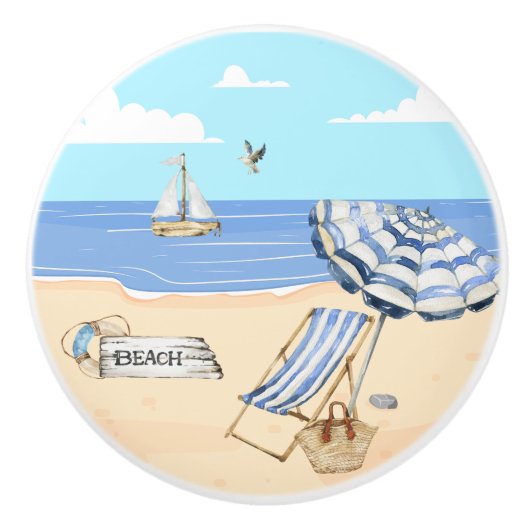 Fun bij de Beach Blue Aqua Waterverf Scene Keramische Knop (Voorkant)