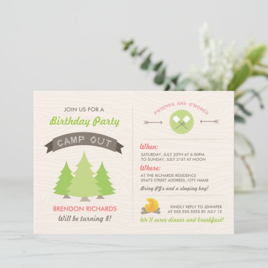 Fun Birthday Camp Out Uitnodiging (Staand voorkant)