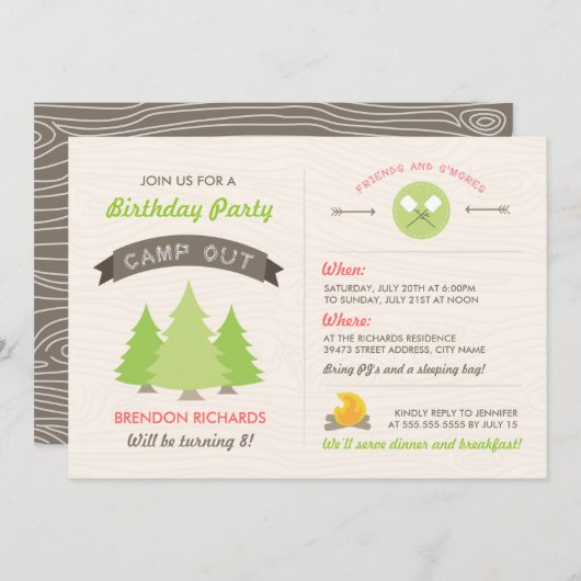 Fun Birthday Camp Out Uitnodiging (Voorkant / Achterkant)