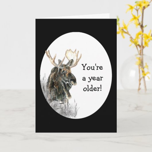 Fun Birthday Moose Waterverf Animal Humor Kaart (Gele Bloem)