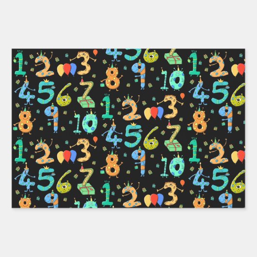 Fun Birthday Party Theme. Cute Cartoon Numbers Inpakpapier Vel (Voorkant 3)
