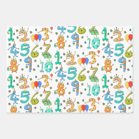 Fun Birthday Party Theme. Cute Cartoon Numbers Inpakpapier Vel (Voorkant 2)