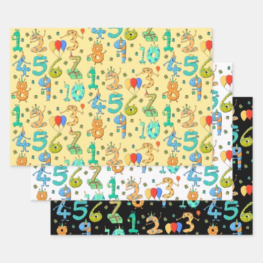 Fun Birthday Party Theme. Cute Cartoon Numbers Inpakpapier Vel (Set)