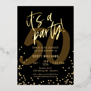 Fun Black 50th Birthday Real Gold Foil Uitnodiging