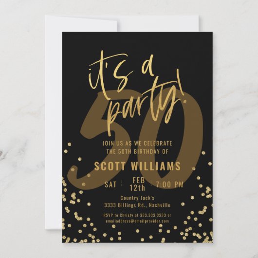 Fun Black and Gold 50th Birthday Party Invitation Kaart (Voorkant)