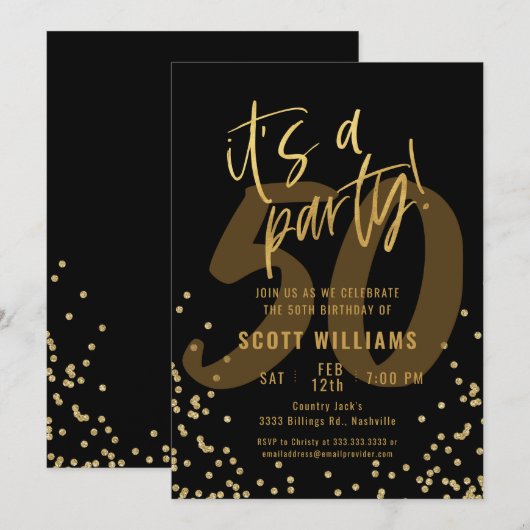 Fun Black and Gold 50th Birthday Party Invitation Kaart (Voorkant / Achterkant)