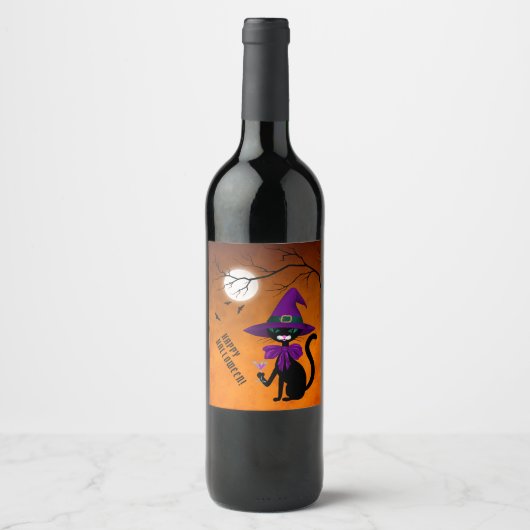 Fun Black Cat Drink Wine Witch Pet Halloween Wijn Etiket (Voorkant)