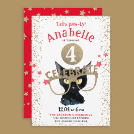 Fun Black Cat Gold Glitter Red Stars Waterverf Kaart