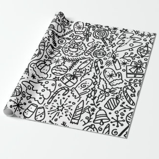 FUN BLACK EN WHITE CHRISTMAS DOODLE CADEAUPAPIER