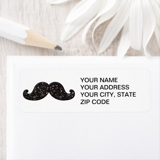 FUN BLACK GLITTER MUSTACHE ETIKET (Insitu)