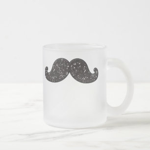 FUN BLACK GLITTER MUSTACHE MATGLAS KOFFIEMOK