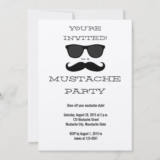 Fun Black Mustache en Sunbril Party Invitation Kaart (Voorkant)