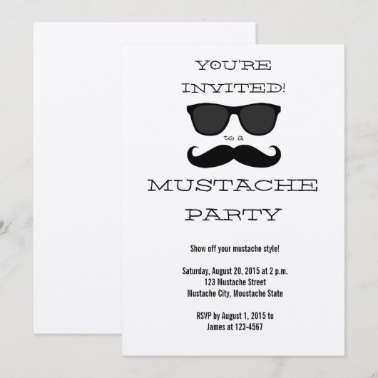 Fun Black Mustache en Sunbril Party Invitation Kaart (Voorkant / Achterkant)