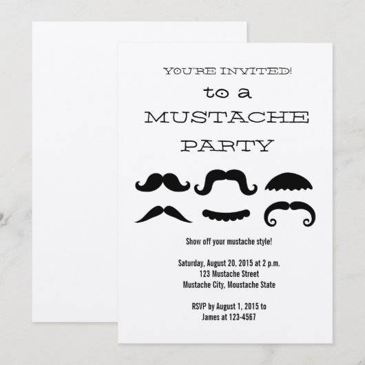 Fun Black Mustache Party Invitation Kaart (Voorkant / Achterkant)