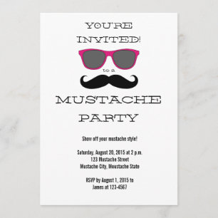 Fun Black Mustache PinkSunbril Party Invitation Kaart