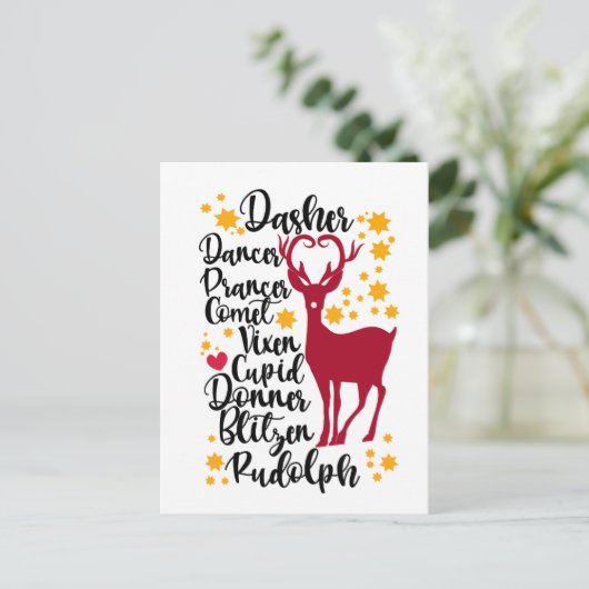 Fun Black Script Santa Reindeer Name Kerstmis Briefkaart (Staand voorkant)