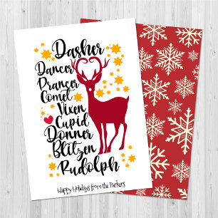 Fun Black Script Santa Reindeer Name Kerstmis Feestdagenkaart