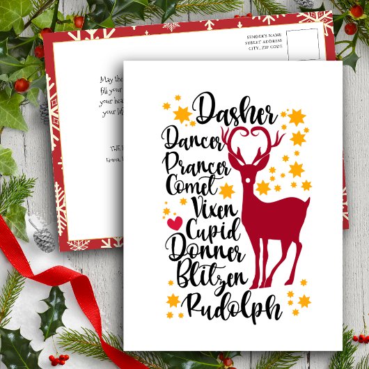 Fun Black Script Santa Reindeer Name Kerstmis Feestdagenkaart