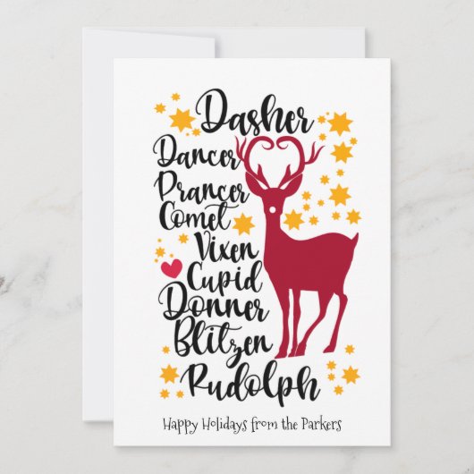Fun Black Script Santa Reindeer Name Kerstmis Feestdagenkaart (Voorkant)
